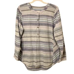 J. Jill Tunic Blue Striped Popover Henley Long Sleeve Cotton Size Medium EUC